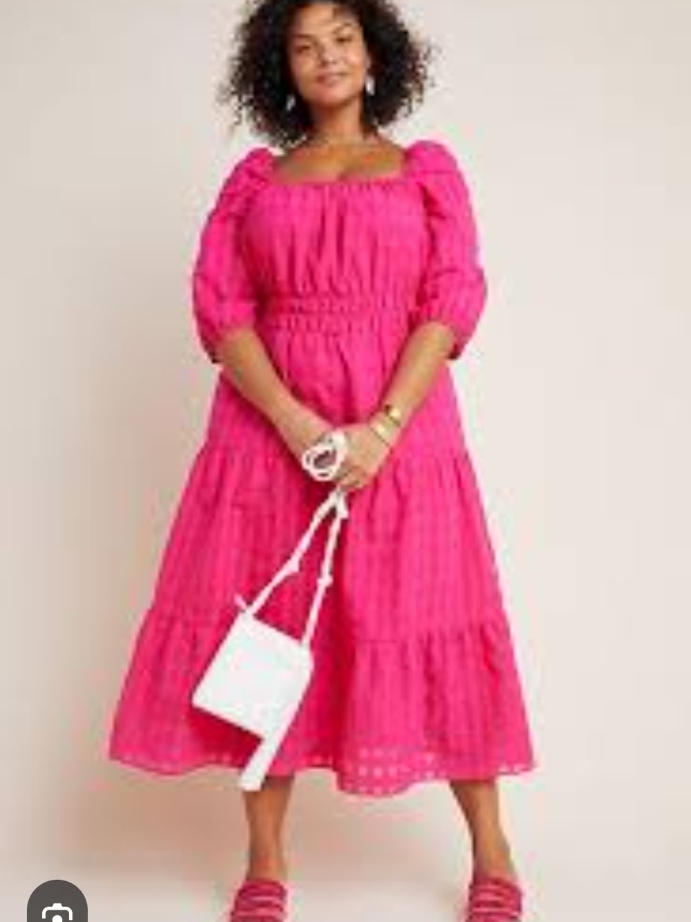 Bright Pink Puff-Sleeve Midi Dress